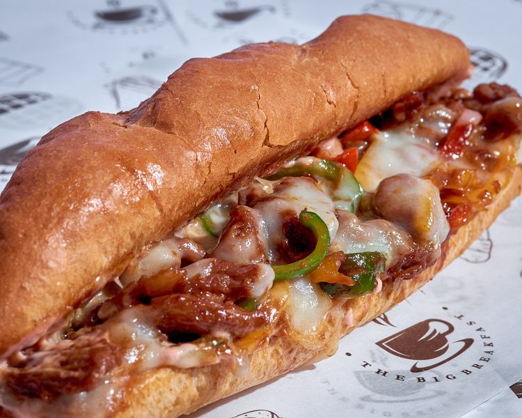 Italian meatball parm sub with marinara and melted mozzarella